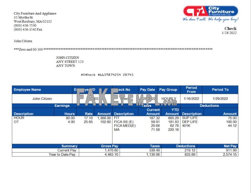 USA furniture & appliances fake employee sheet Word and PDF template